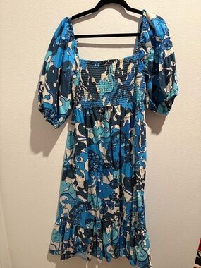 Rhode Eloise - Blue Floral Puff-Sleeve Midi Dress